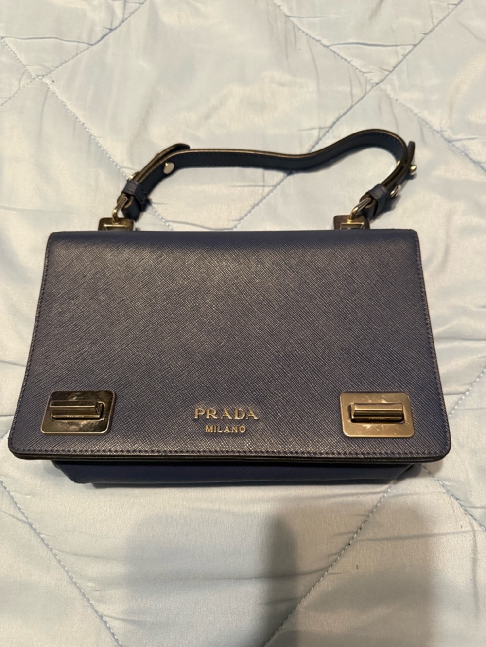 PRADA Saffiano Cuir Turnlock Twin Flap Top Handle Bag | Entrupy Authenticated